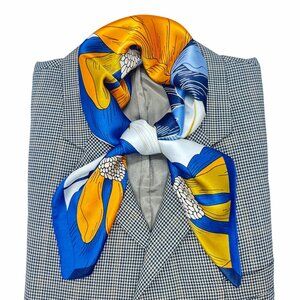 ✨Luxury Silky Scarf Orange Navy Blue Geometric Floral Link Pattern Square Wrap✨